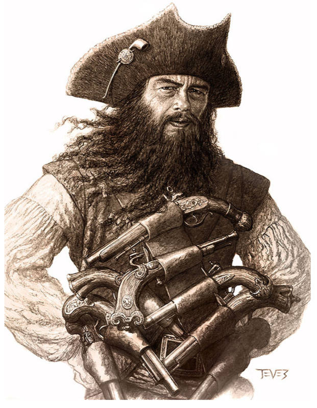 Illustration du pirate Barbe Noire avec 8 pistolets en bandoulière sur le torse